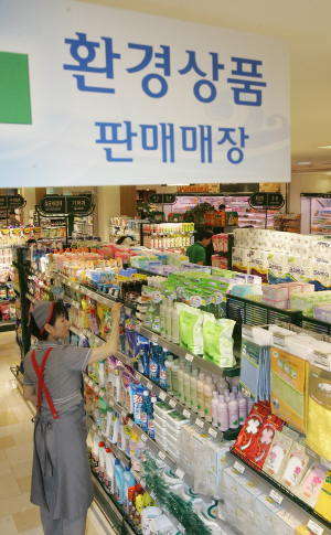 ▲ 대형 유통점들을 대상으로 한 정부의 친환경 상품 매장 의무화가 시행된 지 한 달이 넘었지만 무늬만 친환경 상품인 매장이 판을 치고 있다. 사진은 친환경 상품 종류가 너무 적고 일반 제품들까지 섞여 있는 중구 한 백화점 친환경 상품 코너. 김태형 기자 thkim@msnet.co.kr