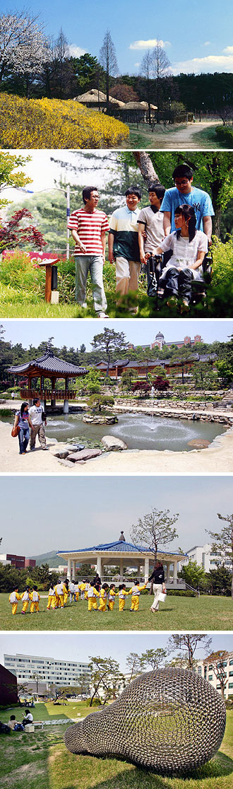 ▲ (사진 위부터)영남대 민속원, 대구대 점자수목원과 장애체험장, 계명대 한학촌, 대구가톨릭대 팔각정, 대구보건대 조각공원.