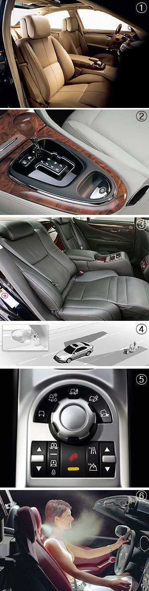 ① 벤츠 The new S-Class의 다이내믹 컴포터 시트 ② 재규어 XJ의 전자 주차 브레이크 ③ 렉서스 LS460L의 적외선 체온 감지 장치. ④ 볼보에서는 차량의 양쪽 사이드 미러 아래쪽에 작은 카메라를 설치해 사각지대에 다른 차량의 움직임이 감지될 경우 실내 알람 램프가 점멸되는 