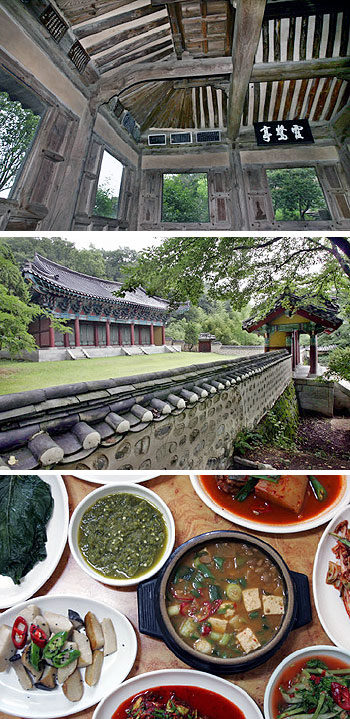 ▲ (사진 위)달성군 하빈의 낙동강변에 자리 잡은 하목정은 사대부가에서는 보기 드문 부연을 단 정자라는 점에서 독특하다. 인조가 왕위에 오르기 전 묵은 적이 있어 하목정이란 정호를 받고 부연도 달 수 있었다. (사진 가운데)비 오는 날 조선 세조 때의 사육신을 모신 육신사를 찾는 길은 호젓하다. 육신사 내 연못에 떨어지는 빗줄기를 바라보거나 태고정에 올라 낙동강변을 바라보면 비 오는 날 풍경을 제대로 음미할 수 있다. (사진 아래)왜관식당의 별미 청국장.