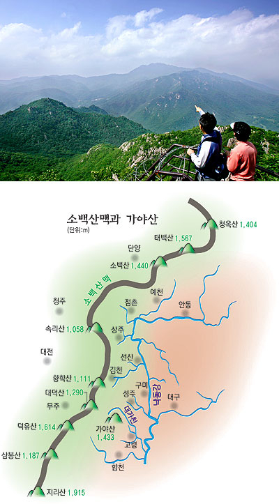 ▲ (사진 위)해인사 남쪽 남산제일봉에서 바라본 가야산. 넉넉한 품으로 다양한 사람들을 껴안아주고, 종교·신앙 간 융합을 이루게 한 가야산에서 우리는 더불어 사는 법을 배울 수 있다.