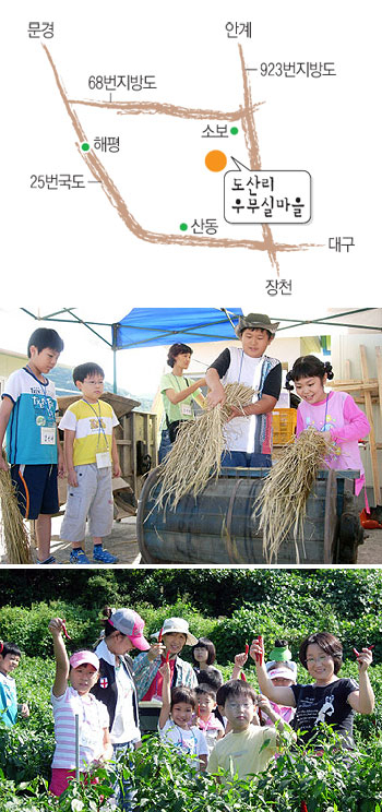▲ (사진 위)지난 8일 군위 소보면 도산1리 우무실마을에서 진행된 농촌체험 행사에서 고추따기를 하고 있다. (사진 아래)어린이들이 땅콩을 직접 수확해보고 있다.