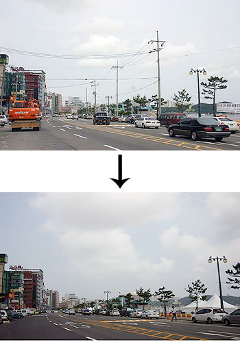 ▲ 전선을 걷어내기 전과 걷어낸 후. 전선지중화 사업을 끝낸 포항북부해수욕장변 해안도로 일대가 그 전에 비해 훨씬 말끔하게 단장됐다.