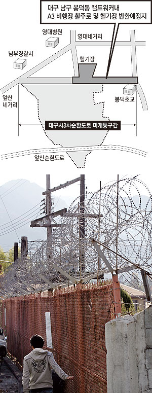 ▲ 이전 계획이 불투명한 대구 남구 봉덕동 캠프워커 헬기장의 담장과 철조망. 이채근기자 mincho@msnet.co.kr
