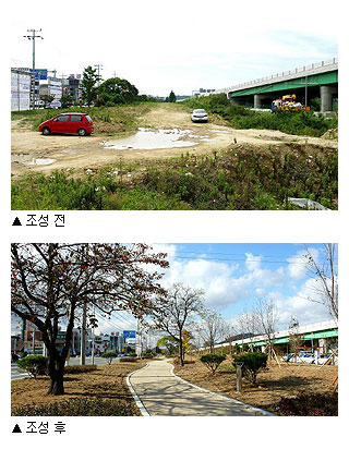 ▲ 경부고속국도 구미 구간 주변지역이 폐허상태에서 연못과 실개천 흐르는 도심속 휴식공간으로 탈바꿈 하고 있다. 정비 전과 정비 후.