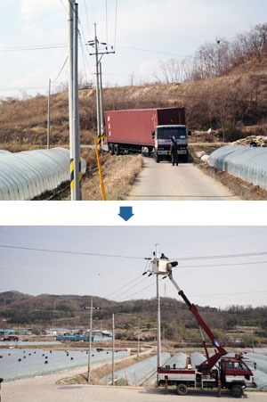 ▲ 한국전력 성주지사는 지난 11일 오후 성주군 월항면 대산리 관동마을 진입로에서 대형차량의 통행에 불편을 초래한 전봇대를 뽑아내 인근으로 이설했다.