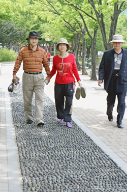 산책 나온 부부가 수성못 지압보도를 걷고 있다. 따사로운 햇살을 받으며 발지압의 효과를 만끽해 보면 어떨까.