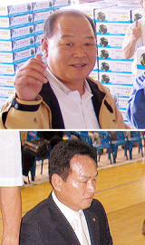 ▲ (사진 위) 고 이정문 서상주농협조합장(맨 왼쪽)이 지난해 9월 농협 집하장에서 출하중인 백화명산 포도를 농민들과 함께 살펴보고 있다. (사진 아래)고 이춘하 상주 모서농협 조합장(무릎 꿇은 사람)이 지난해 8월 열린 포도 풍년농사 기원제에서 초헌을 하고 있다. 농협 제공