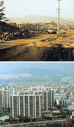 ▲1980년대 본리네거리 일대(사진 위). 왼쪽에 조금 보이는 돌덩이산이 학산이다. 1990년대 들어서면서 이곳 일대도 아파트가 점령하기 시작했다(사진 아래쪽). 달서구청 제공