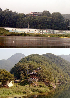 ▲ 안동 낙동강가에 있는 영호루(위)와 청도 동창천 암벽위에 있는 삼족대. 모두가 강을 끼고 절벽위에 자리 잡고 있다. 누각이나 정자는 대개 이런 절경에 위치한다.