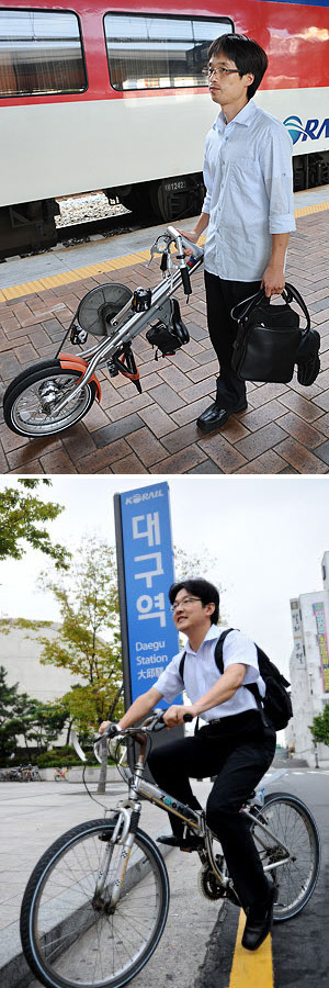 ▲ 대구와 구미를 자전거와 기차로 출퇴근하는 김진혁씨(위)와 박준일씨.