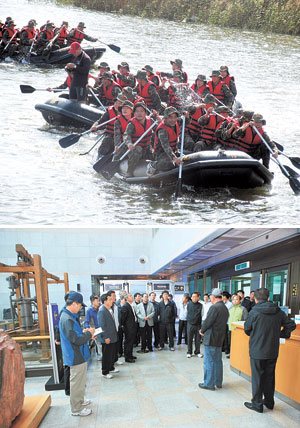 ▲사진위 청도군 공무원들이 해병대캠프 교육기관에서 극기 훈련으로 정신 재무장에 도전하고 있다. 사진아래 울진군 간부 공무원 60여명이 태백시의 관광 휴양시설 및 스포츠 레저시설을 둘러보고 있다.