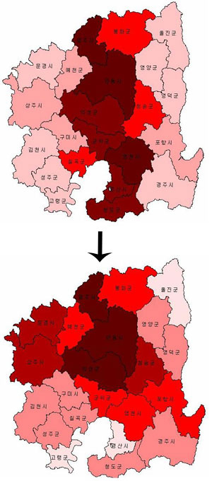 ▲ 1980년대(위)와 2000년대 사이의 사과 주생산지 변화 모습. 기후 변화에 따른 생산 중심지 이동이 뚜렷하다. 재배면적이 넓은 시군일수록 더 짙은 색깔이다. 경북도농업기술원 제공