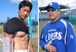 ▲ 삼성 라이온즈의 핵 오승환과 박진만이 일본 오키나와에 차려진 전지훈련 캠프에서 훈련 도중 휴식을 취하고 있다. 오승환(왼쪽)은 몸 상태가 정상에 가까워지고 있으나 박진만은 어깨 통증으로 정상 훈련을 소화하지 못하고 있는 형편이다. 삼성 라이온즈 제공
