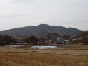 ▲ 소산마을 전경. 나지막한 산들로 둘러싸여 있다. 정면 언덕 위에 있는 고택이 삼소재이고, 오른쪽 산기슭에 보이는 건물이 양소당이다. 뒤쪽 높은 산은 정산(鼎山)으로 경북도 새 도청소재지의 청룡이 된다.