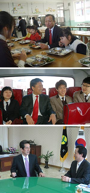 ▲ 초임 교사 때 근무했던 학교인 칠곡 학림초등학교를 찾아 어린이들과 점심을 함께하고 있는 김철(맨위) 예비후보. 등굣길 아침버스에 올라 학생들과 대화하고 있는 유진선(가운데 사진) 예비후보. 청도군수를 만나고 있는 이영우(아래사진 왼쪽) 예비후보.