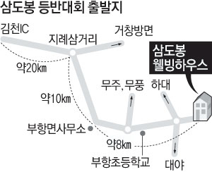 ▲ 경북 김천시와 충북 영동군, 전북 무주군이 매년 삼도봉 정상에서 여는 만남의 날 행사. 김천시 제공