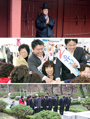 ▲ 일주일 앞으로 다가온 도교육감 선거 후보자들의 발걸음이 빨라지고 있다. 21일 안동을 찾은 김철 도교육감 후보와 같은 날 문경을 찾아 개그맨 김종국씨와 함께 유세를 하고 있는 유진선 후보. 15일 포항 수도산 충혼탑에서 공명선거를 다짐하는 이영후 후보 캠프 관계자들.(위에서부터)