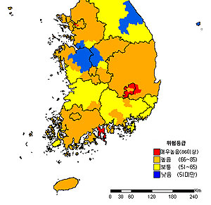 ▲ 지난 3월 25일 오후 1시 산불위험예보시스템에 나타난 산불위험지수. 대구 주변이 온통 빨갛다.