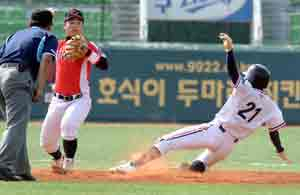 10일 오후 대구시민야구장에서 열린 제31회 대붕기고교야구 대구고와 중앙고의 경기에서 2회말 1사후 대구고 공격때 1루 주자 박종윤(오른쪽)이 신용진의 내야 땅볼로 2루에서 포스아웃 되고 있다. 정운철기자 woon@msnet.co.kr