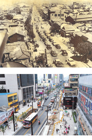 1946년 노동절을 기념해 대구지역 택시들이 중앙통(현재의 중앙로)에서 시가행진을 하고 있다. (사진 위). 사진은 대구소방서 망루(현재 국민은행 자리)에서 대구역 방향으로 촬영한 것이다. 아래 사진은 같은 방향으로 찍은 현재의 모습. 매일신문 자료사진