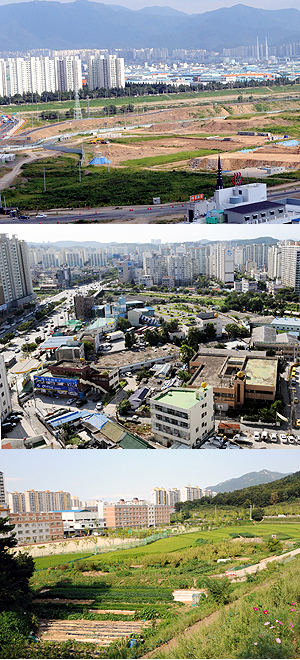 지하철 1, 2호선 각 종점 인근의 미개발지역, 이곳이 개발되면 신도시의 위용을 떨칠 것으로 보인다. 위쪽부터 죽곡, 사월, 대곡역 주변 개발지역.