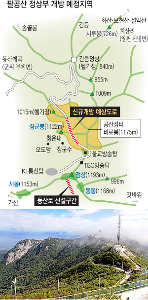 3일 오전 팔공산 비로봉에서 바라본 개방 예정 지역. 멀리 송신탑 너머로 군 시설물이 안개에 싸여 있다. 이채근기자 mincho@msnet.co.kr