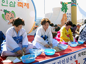 한복을 곱게 차려입은 아낙네들이 인삼깎기 시연을 하고 있다.