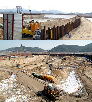 낙동강 사업이 본격화하면서 수질오염과 홍수시 강 범람 등에 대한 우려도 제기되고 있다. 위쪽부터 강정보와 합천보 공사 현장.
