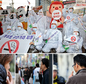 지난해 3월 금연거리로 지정된 대구 중구 동성로에서 19일 금연거리 지정 1주년 행사가 열렸다. 그러나 흡연자들은 금연거리에 아랑곳없이 담배를 피우며 지나가고 있다. 정운철기자 woon@msnet.co.kr