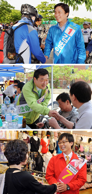 16일 6·2 지방선거 대구시장 선거에 나선 김범일 한나라당 후보가 성서 자전거 대행진 현장에서, 이승천 민주당 후보가 능인고 체육대회장에서, 조명래 진보신당 후보가 수성시장에서(위로부터) 각각 유권자들과 악수를 나누며 지지를 호소하고 있다. 기사 3면. 김태형기자 thkim21@msnet.co.kr