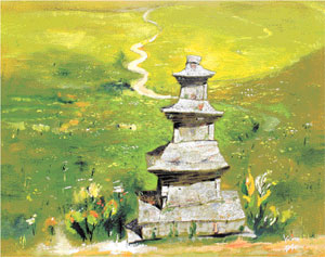 ▲그림 이야기-구황리 삼층석탑-김영대 작 구황리 삼층석탑은 그 자체만으로도 간결함 속에 아름다움이 두드러지지만 배경와 어울려졌을 때 훨씬 예뻐 보인다. 게다가 들판 사이로 난 구불구불한 오솔길은 저 건너편에 무엇이 있건간에 걷고픈 충동을 느끼게 할 정도다. 김영대 화백은 석탑 뒤편에 있는 논밭길을 봄꽃이 흐드러지게 핀 꽃길로 만들었다. 동행 길을 걸었을 때 이곳에는 한창 모내기 준비가 한창이었다. 논 물대기를 끝낸 뒤 한창 모판을 만들고 있었다. 작가에게는 논둑길에 앞다퉈 피어난 봄꽃이 강렬하게 다가온 모양이다. 저 오솔길 끝에는 진평왕릉이 있다.