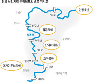 경상북도는 올해부터 2013년까지 고령·칠곡·구미·상주·안동지역 7개 낙동강 보 주변의 산과 숲을 활용해 산악레포츠벨트를 조성한다. 산악레포츠벨트 위치도.