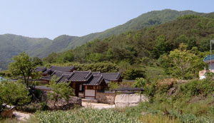 사명대사 생가지. 백호자락에 기대고 있어 겸혈(鉗穴)로 보기도 한다. 백호 너머 골짜기에 최근에 조성된 기념관이 있다.