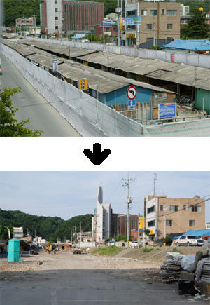 무허가 판자촌이던 안동 용상동 성곡천 복개시장이 지난 주말과 휴일 철거를 완료했다. 합판으로 화재위험에 노출됐던 과거와 철거가 끝난 현재 사진.