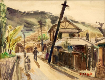 작가 : 김수명(1919~1983) 제목 : 오후의 거리 재료 : 종이에 수채 크기 : 29×38㎝ 연도 : 1939년 소장 : 대구문화예술회관