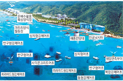 경주시가 월성원전 앞 바다에 원전 온배수를 활용한 바다목장 건립에 나섰다. 월성원전 앞바다 바다목장 개념도 및 바다목장이 들어설 월성원전 앞바다.