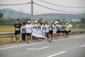 김자원 구미하나복지회 이사장(앞줄 선글라스 착용)이 구미시 마라톤동호인들과 함께 국토종단 울트라마라톤의 마지막 코스인 파주~임진각 망배단 구간을 뛰고 있다.