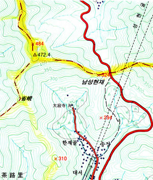 엉터리로 만들어진 성현 부분 국가기본도. 성현재 자리엔 