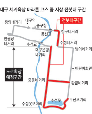 2011 대구 세계육상선수권대회 마라톤 코스 구간 중 ▷동신교~청구네거리~수성네거리 ▷황금네거리~중동네거리 ▷두산오거리~수성못오거리~대구은행네거리 13㎞ 구간에 걸쳐 인도 양쪽으로 전봇대가 늘어서 있다. 대구시는 수성못오거리~대구은행네거리 구간의 경우 도로확장 공사에 따라 전봇대 지중화 사업이 펼쳐질 예정이라고 밝혔다.