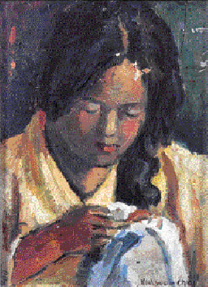 최화수, 바느질하는 여인, 합판에 유채, 33×23.5㎝, 1930년대