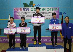 19일 열린 전한국스쿼시선수권대회 남중부에서 우승한 윤호진(도원중)이 시상식에서 포즈를 취했다. 대구스쿼시연맹 제공