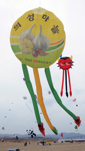 의성 특산품인 마늘을 상징하는 연이 하늘 높이 오르고 있다.