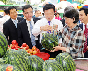 17일 대구 수성구 수성1가에 새로 둥지를 튼 민주당 대구시당 당사 이전 현판식에 참석차 대구에 온 손학규 민주당 대표가 이날 오후 서문시장을 방문해 수박을 구입하고 있다. 연합뉴스