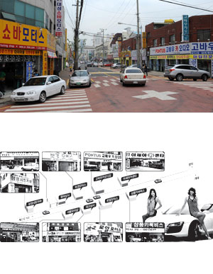 남산동 자동차 골목은 서울 장안평거리를 제외하고는 한강 이남 최대규모의 자동차 골목이다. 김태형기자 thkim21@msnet.co.kr
