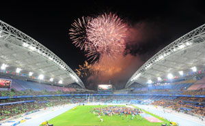 전 세계 80억명의축제, 세계 3대 빅 스포츠 이벤트인 2011 세계육상선수권대회가 주경기장인 대구스타디움의 트랙과 필드를 9일 동안 뜨겁게 달구며 대단원의 막을 내렸다. 폐회식이 열린 4일 오후 제14회 대회 개최지인 모스크바에서 다시 만나기를 기대하며 화려한 불꽃쇼가 펼쳐지고 있다. 정운철기자 woon@msnet.co.kr
