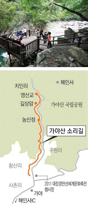 신라시대 최치원 선생이 은둔하며 바둑과 차를 벗해 살다 신선이 됐다는 전설이 남아 있는 홍류동 계곡길이 \
