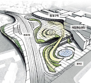 동대구로 우회전 진입로 터널 조감도. 시와 신세계는 터널 상부에 분수 및 폭포와 조형물을 설치해 광장 이미지 개선에 시너지 효과를 내겠다는 입장이지만 동대구역광장 단절이 불가피할 것으로 보인다. (대구시 제공)