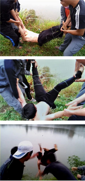 수성구 모고교에서 선·후배간에 상습적인 폭력 대물림이 있었던 것으로 밝혀져 충격을 주고 있다. 후배를 저수지에 던지는 장면.