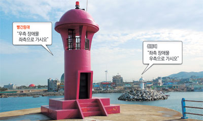 바닷가에서 흔히 볼 수 있는 빨간 등대와 흰 등대는 좌측, 우측통행을 지시하는 의미를 담고 있다. 호미곶항 방파제에서 볼 수 있는 빨간, 흰 등대.